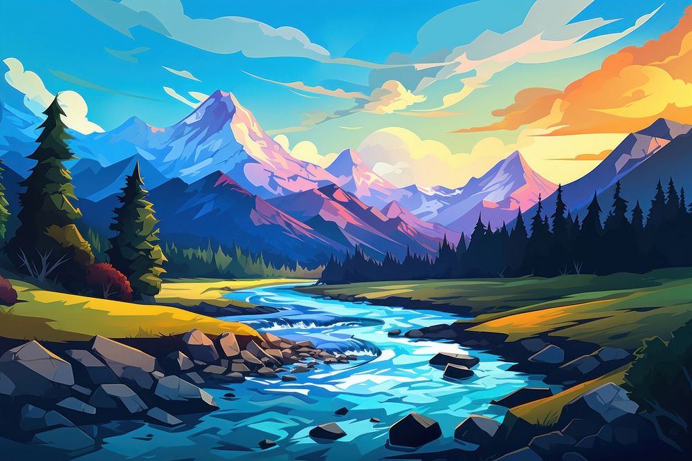 Mountain and river wilderness landscape outdoors.