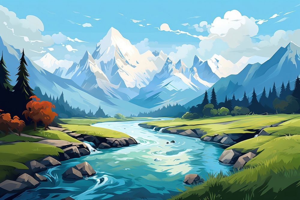 Mountain and river landscape panoramic outdoors.