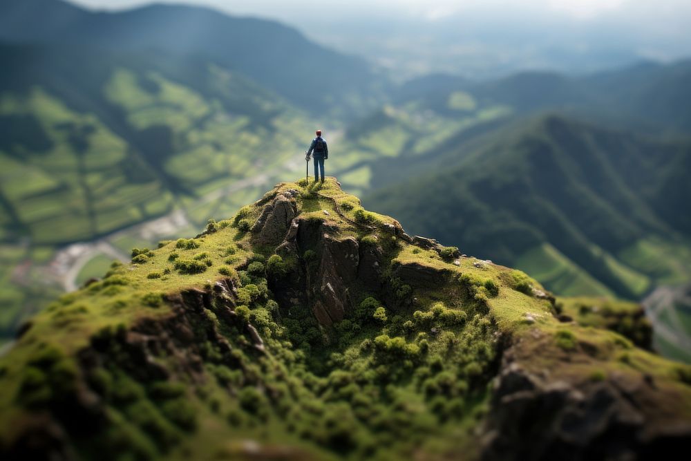 Man on the mountain peak wilderness landscape adventure. AI generated Image by rawpixel.