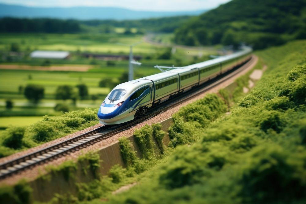 Bullet train in countryside outdoors vehicle railway. AI generated Image by rawpixel.