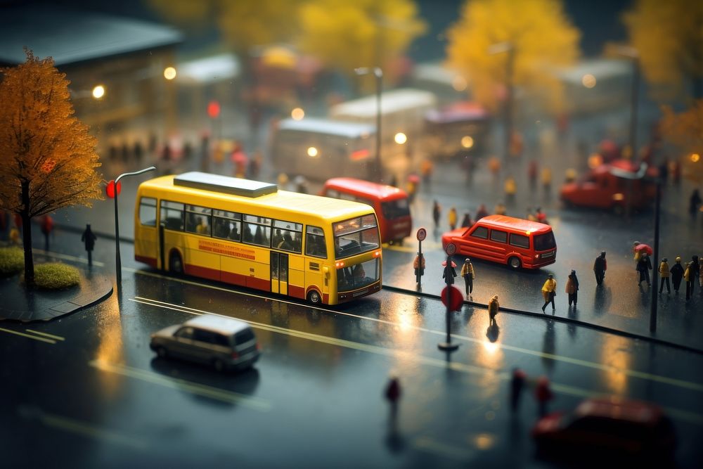 Bus stop in rainy day tilt-shift outdoors vehicle. AI generated Image by rawpixel.