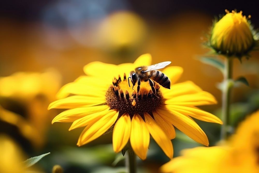 Bee on sun flower sunflower pollen insect. AI generated Image by rawpixel.