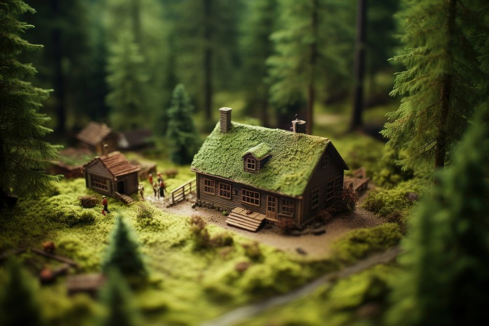 Cabin in the woods architecture tilt-shift building. 