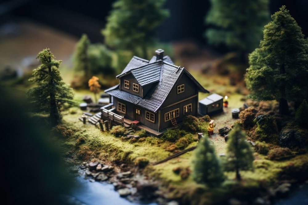 Cabin in the woods tilt-shift outdoors building. AI generated Image by rawpixel.
