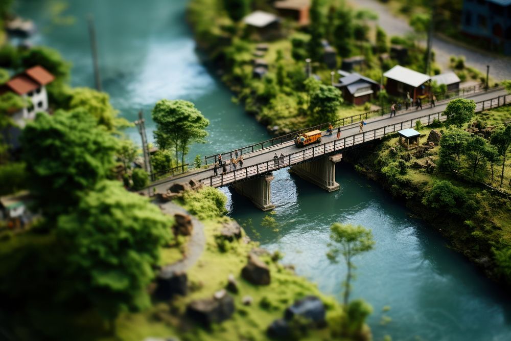 Crossing bridge over the river tilt-shift outdoors vehicle. AI generated Image by rawpixel.