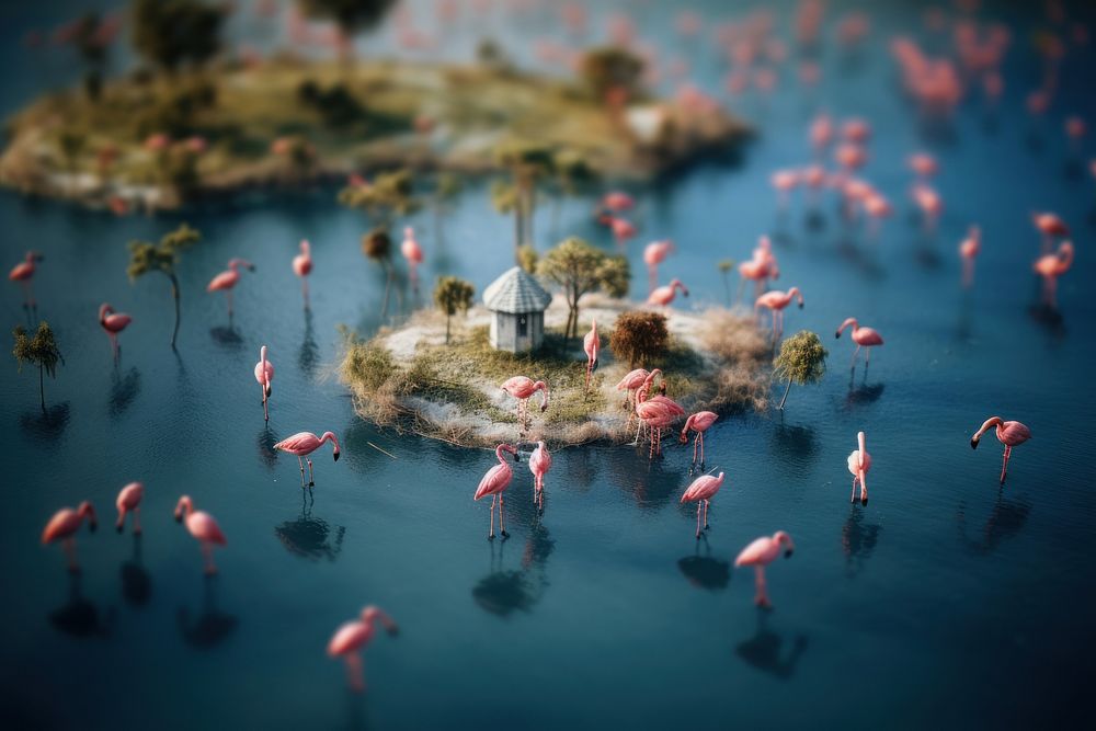 Flamingoes in the lake tilt-shift outdoors animal. AI generated Image by rawpixel.