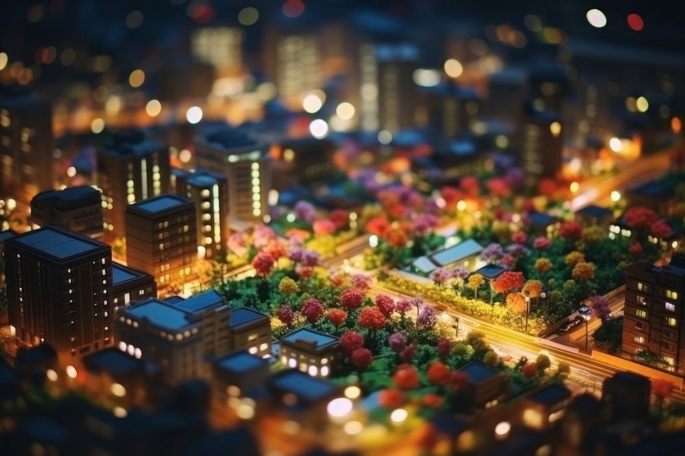 Flowers background city architecture tilt-shift. AI generated Image by rawpixel.