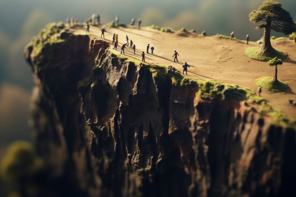 People climbing a cliff tilt-shift landscape outdoors. AI generated Image by rawpixel.