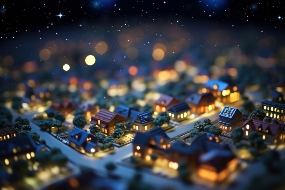 Starry night sky tilt-shift outdoors city. AI generated Image by rawpixel.