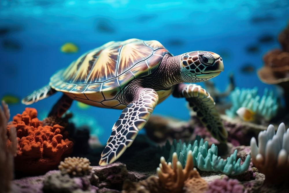 Sea turtle under water with beautiful coral sea outdoors reptile. AI generated Image by rawpixel.