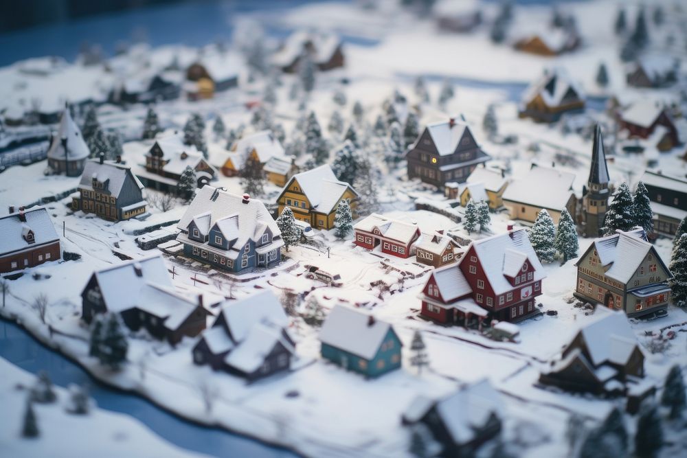 Snowy village architecture tilt-shift landscape. AI generated Image by rawpixel.