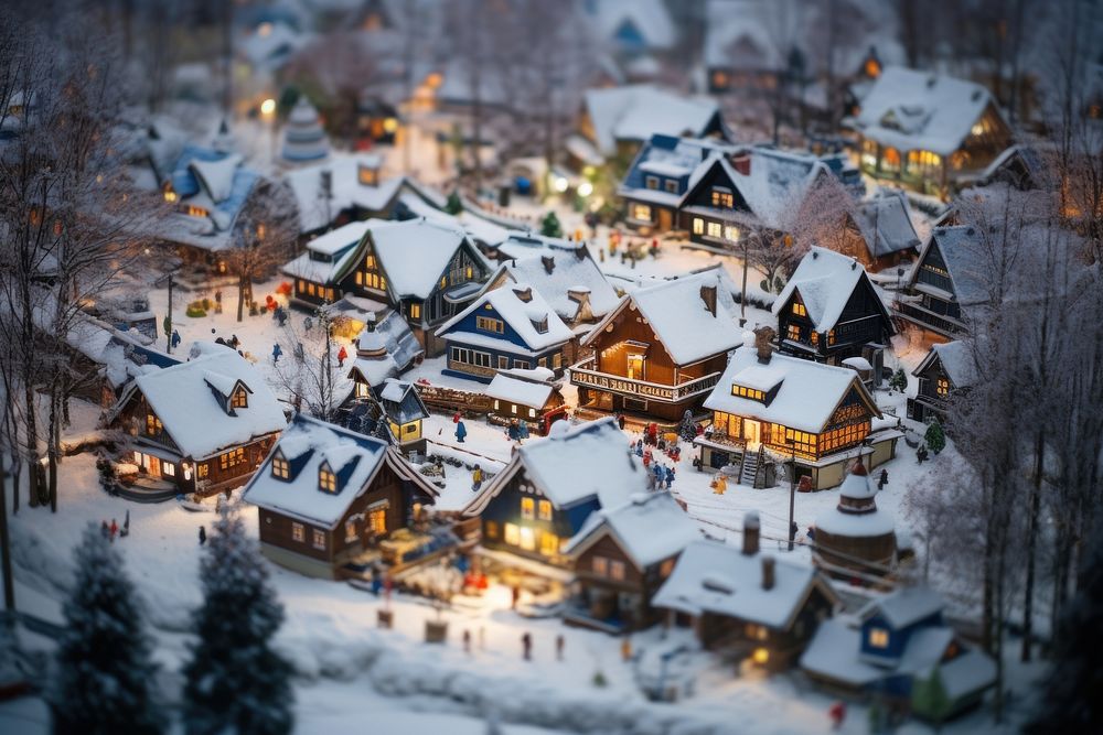 Snowy village architecture tilt-shift outdoors. AI generated Image by rawpixel.