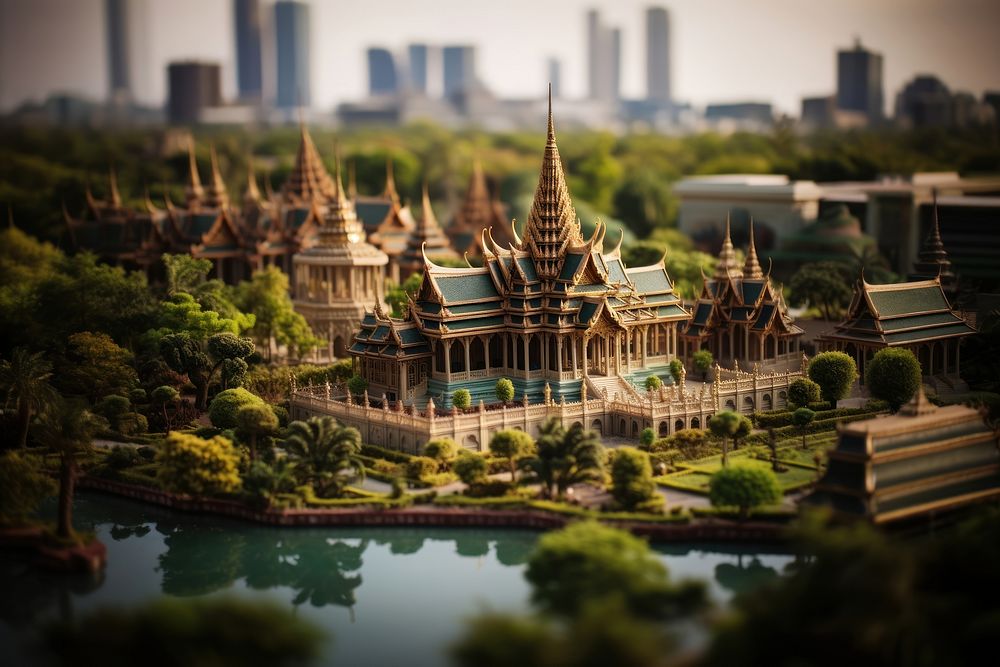 Thai palace architecture tilt-shift landscape. AI generated Image by rawpixel.