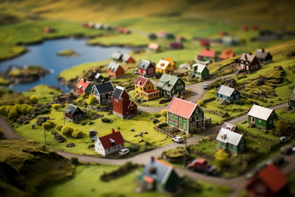 Village in iceland tilt-shift outdoors building. 