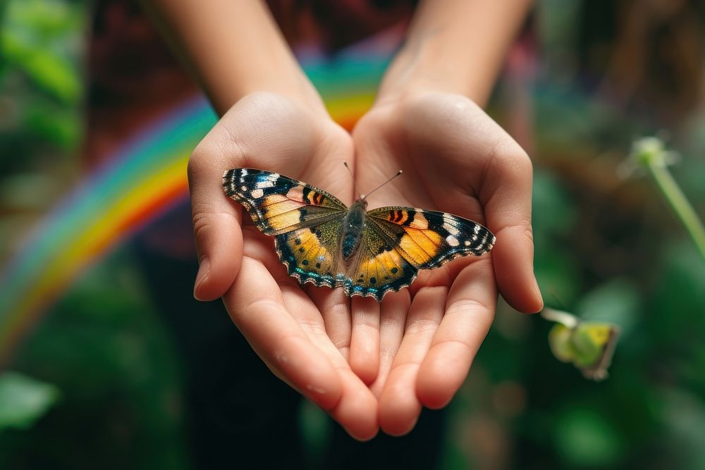 Two hands holding a real rainbow and butterfly animal insect finger.