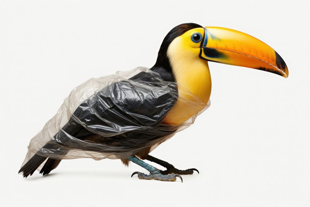 Plastic wrapping over a toucan animal bird beak.