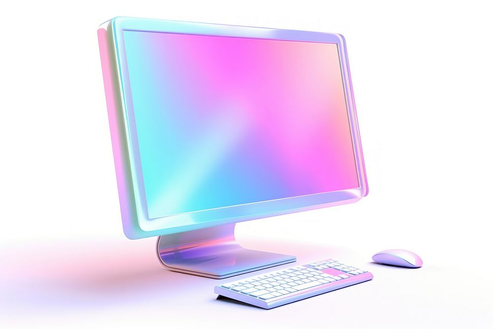 Computer desktop iridescent screen white background electronics.