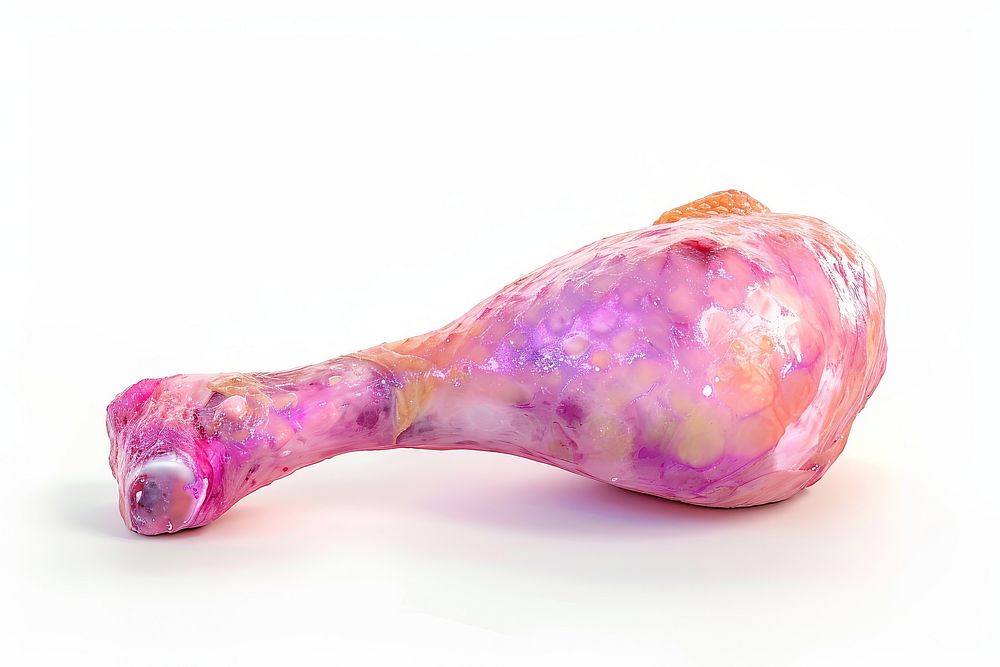 A chicken leg iridescent white background freshness science.