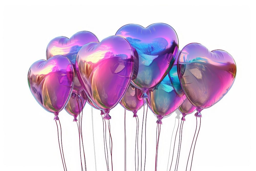 Heart balloons iridescent purple white background celebration.