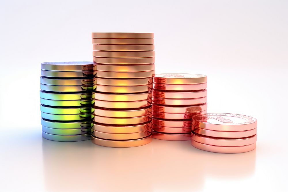 Stacked coins iridescent money white background investment.