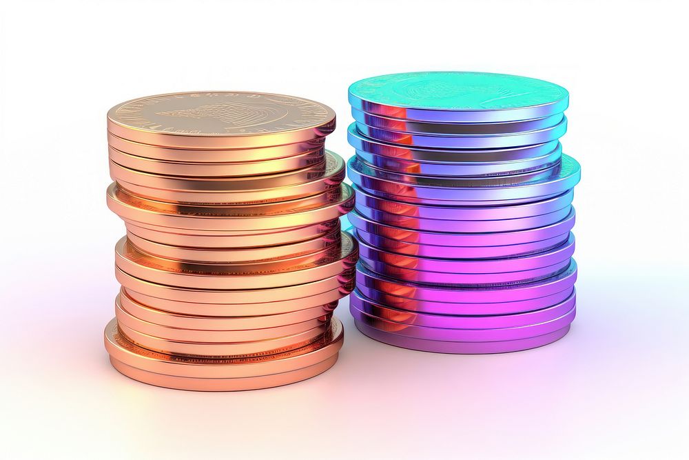 Stacked coins iridescent money white background investment.