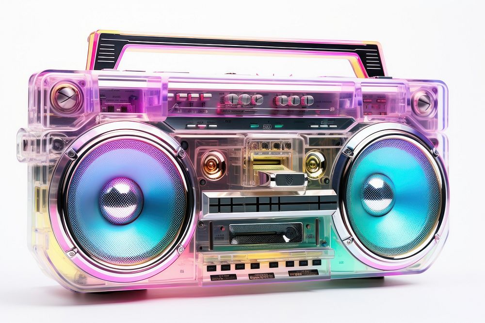 Retro boombox icon iridescent electronics stereo music.