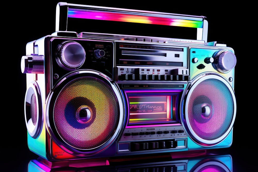Retro boombox icon iridescent stereo music radio.