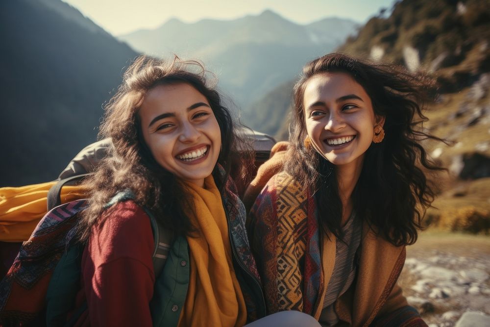South Asian young women laughing smiling travel.
