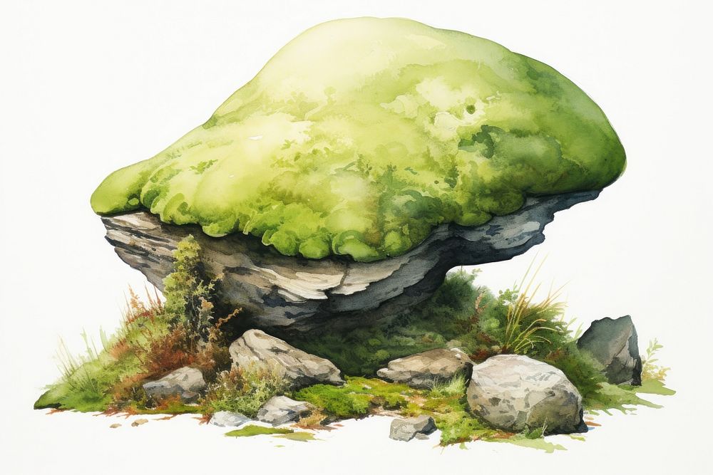 A rock covered by green moss and mushroom nature outdoors plant. AI generated Image by rawpixel.