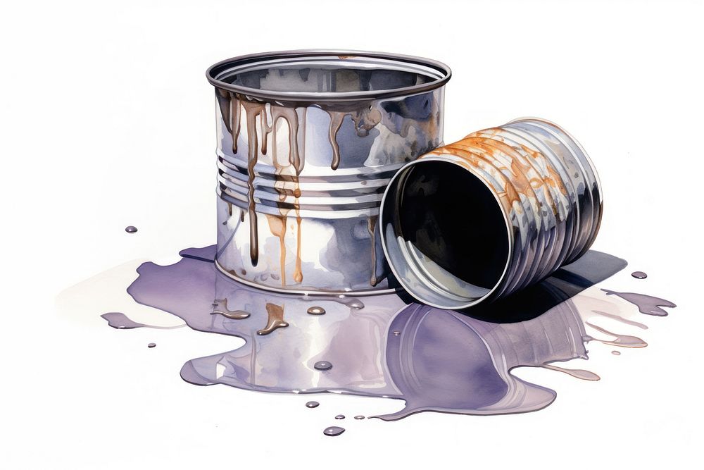 An Opened metal paint can with spilled paint on the floor white background refreshment splattered. AI generated Image by…