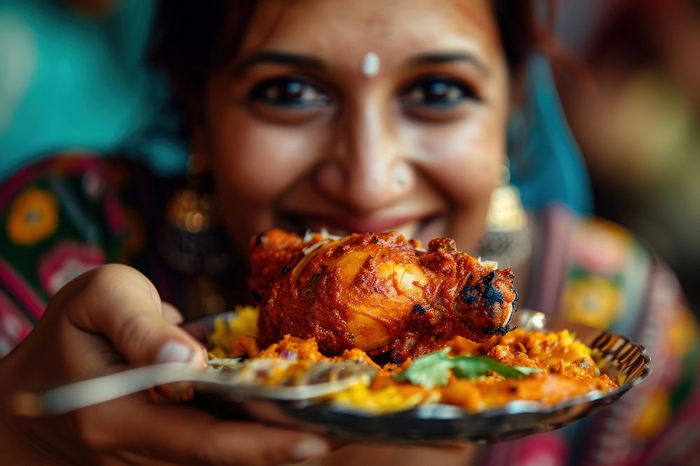 Indian mother eating food meat celebration.