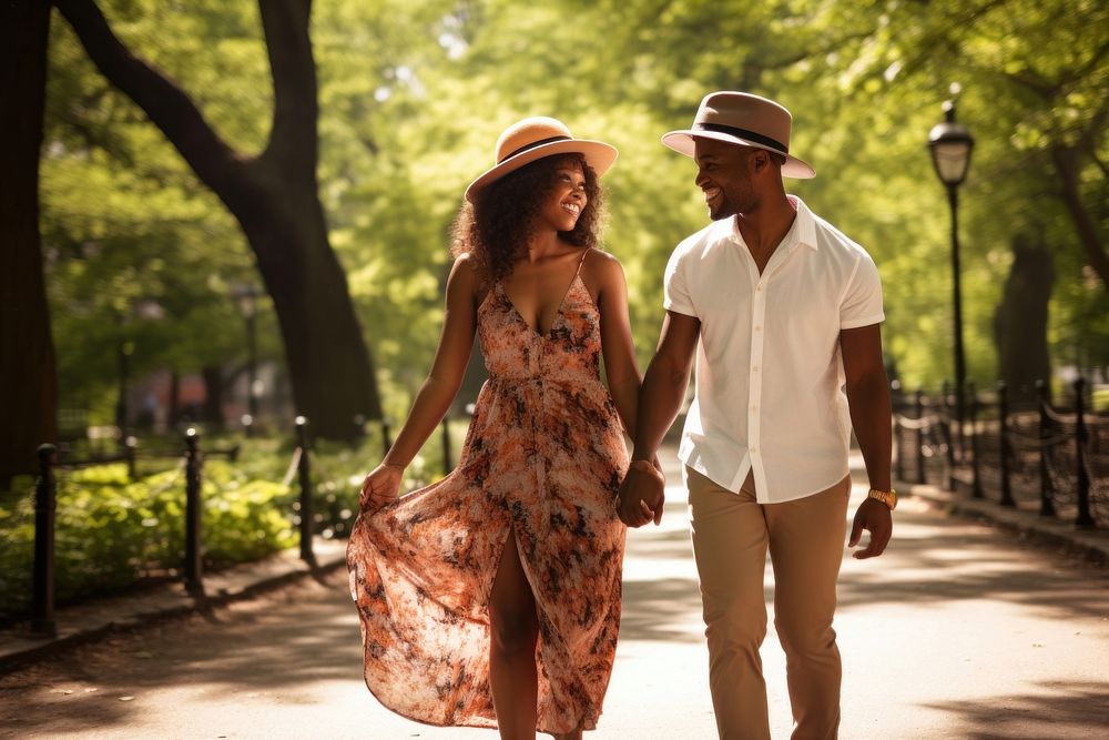 Happy black couple sunny park romantic walking.