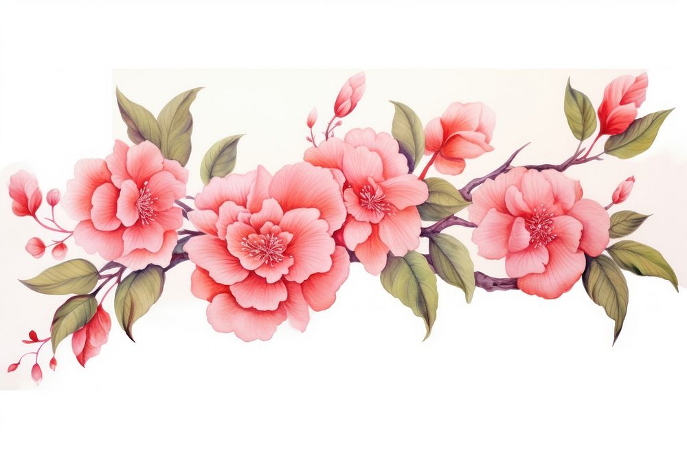 Camellia flowers watercolor border blossom pattern nature.
