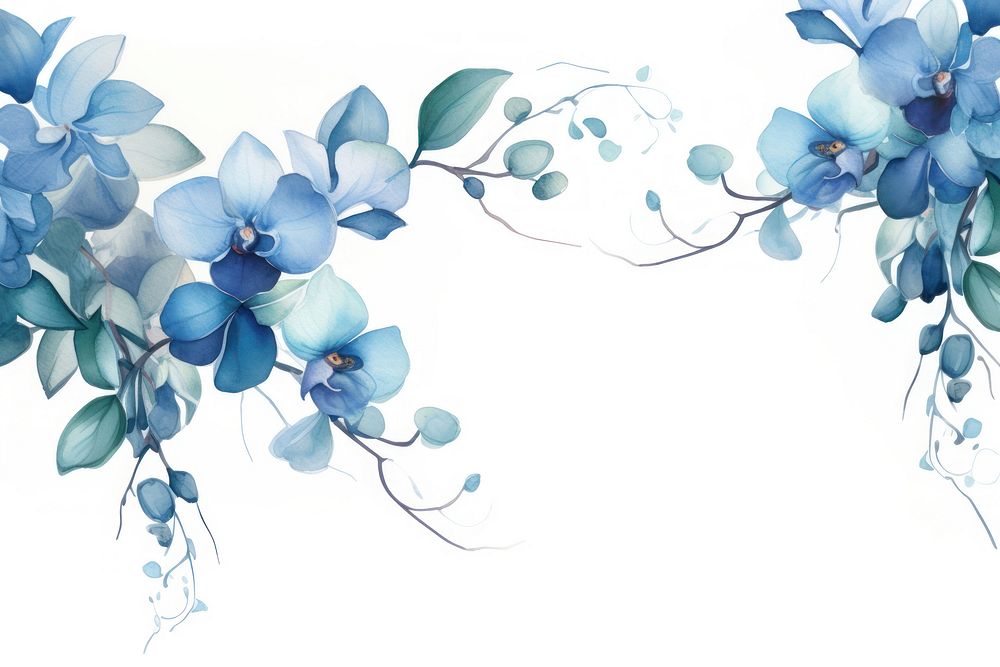 Blue orchid watercolor border pattern flower nature.