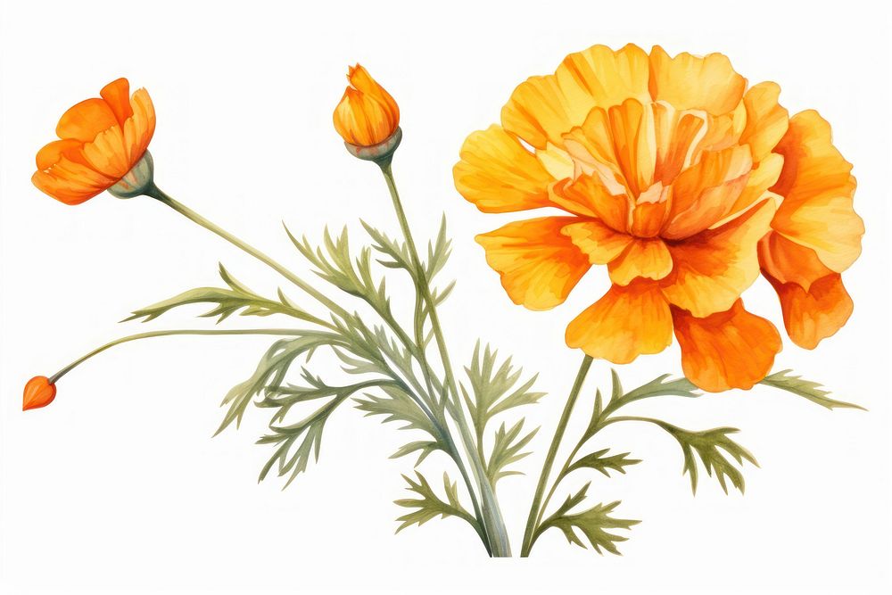 Orange marigold flower watercolor nature plant petal.