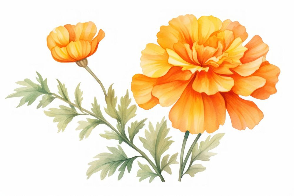 Orange marigold flower watercolor nature petal plant.