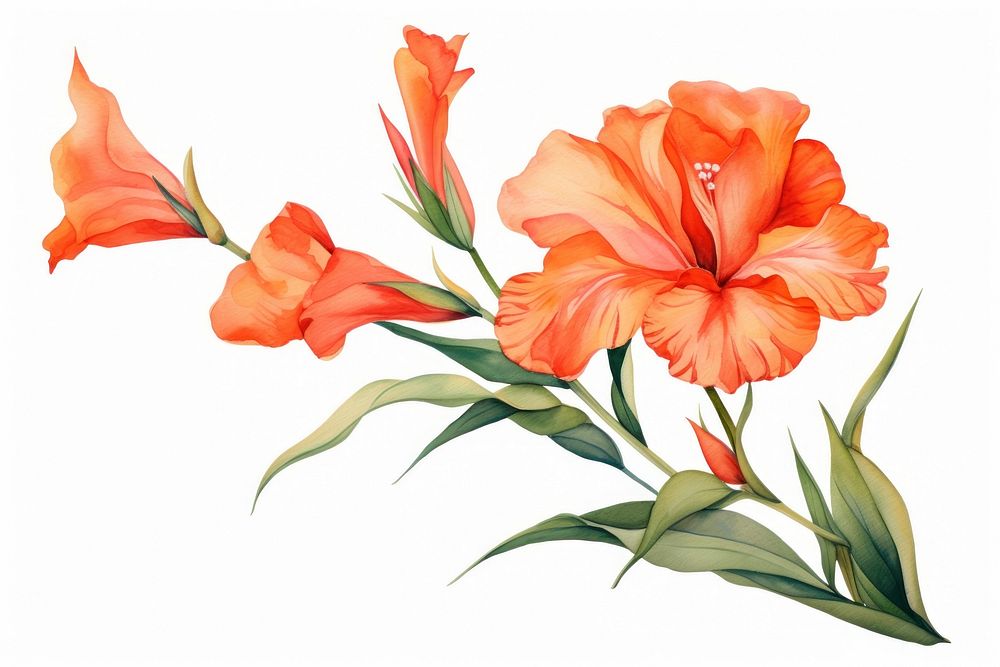 Orange canna flower watercolor gladiolus nature plant.