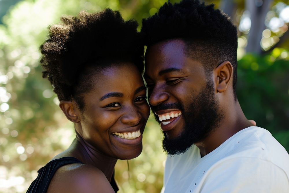 Black couple portrait laughing smile.