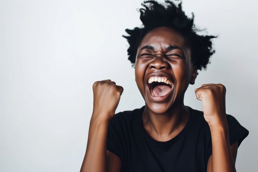 Black people shouting laughing portrait.