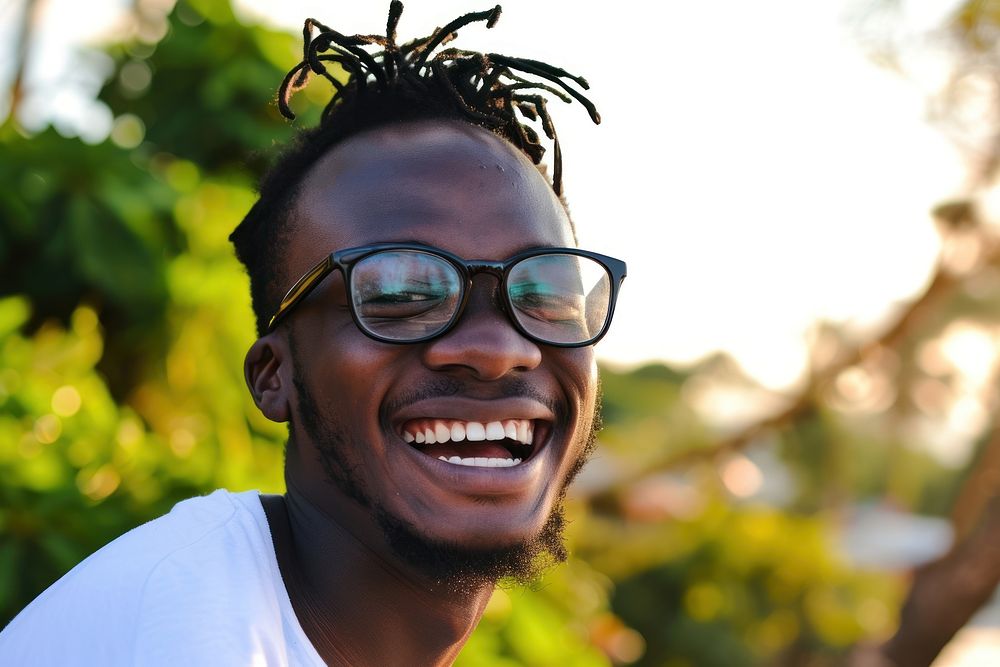 Black people portrait laughing glasses.