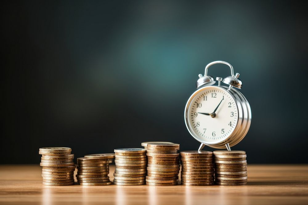 Alarm clock between the stack of increasing coins money investment accuracy. AI generated Image by rawpixel.