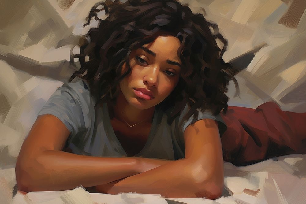 Sad black woman painting portrait looking.