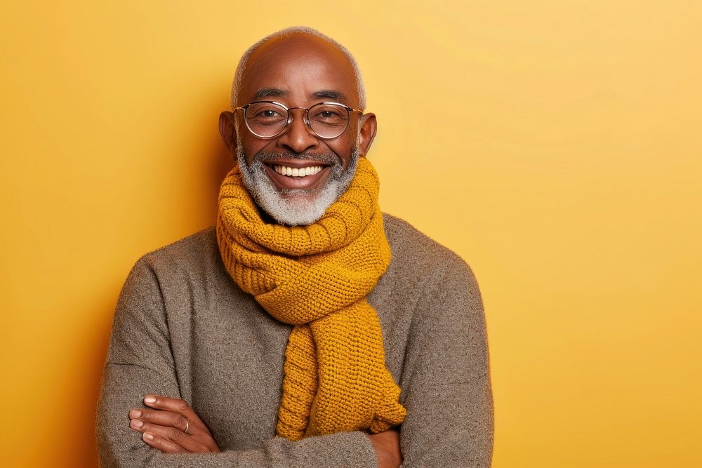 Cool old black man with fashionable clothing style full body on colored background scarf smile fun.