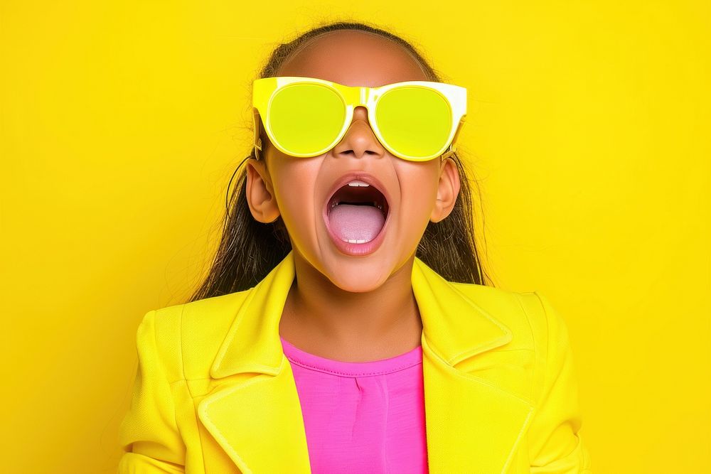 Cool baby black girl with fashionable clothing style full body on colored background sunglasses fun accessories.