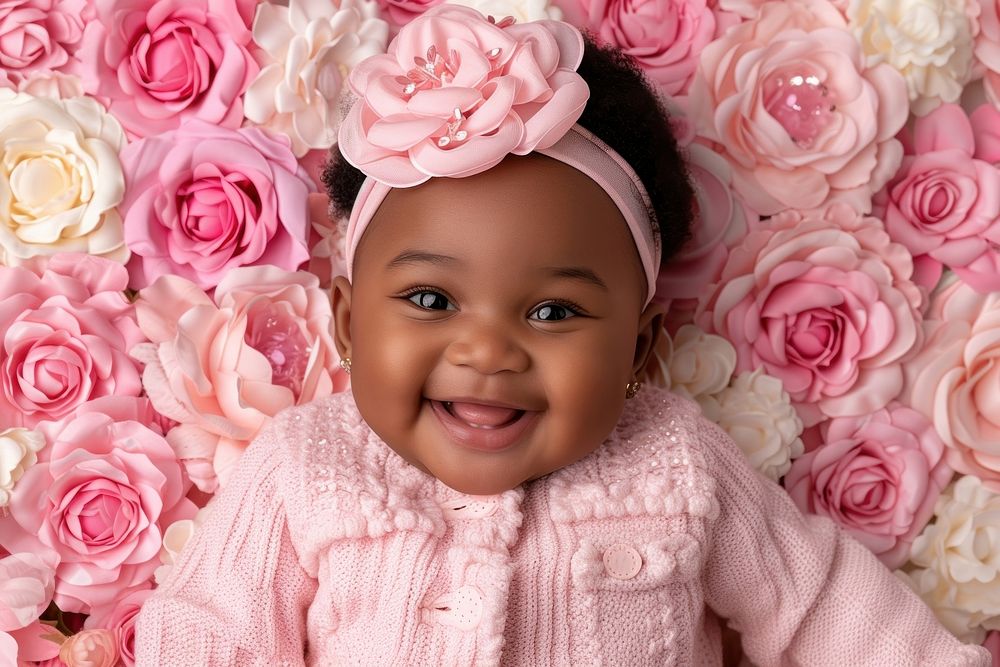 Cool baby black girl with fashionable clothing style full body portrait flower plant.