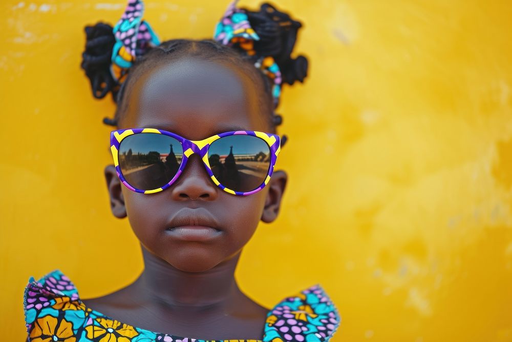 Cool baby black girl with fashionable clothing style full body on colored background sunglasses portrait fun.