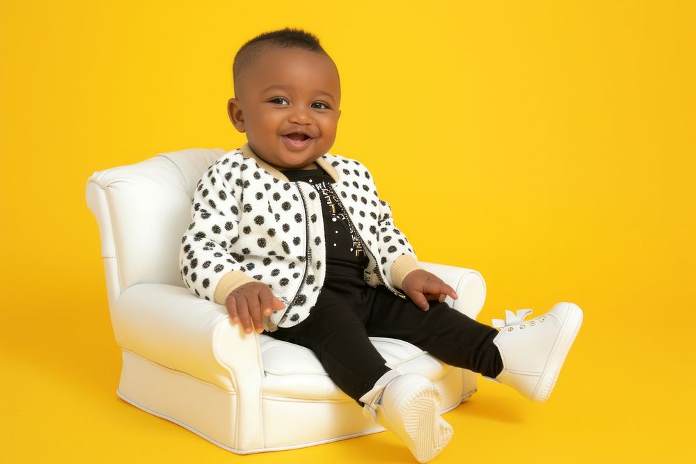 Cool baby black girl with fashionable clothing style full body on colored background furniture portrait sitting.
