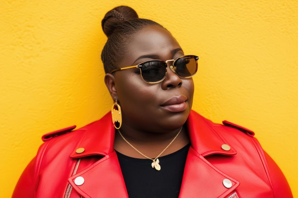 Cool chubby young black woman with fashionable clothing style full body on colored background sunglasses necklace portrait.