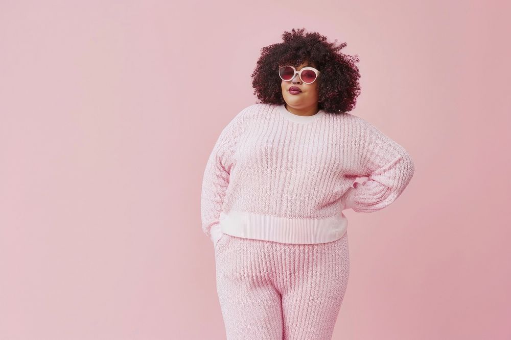 Cool chubby young black woman with fashionable clothing style full body on colored background glasses sweater fun.