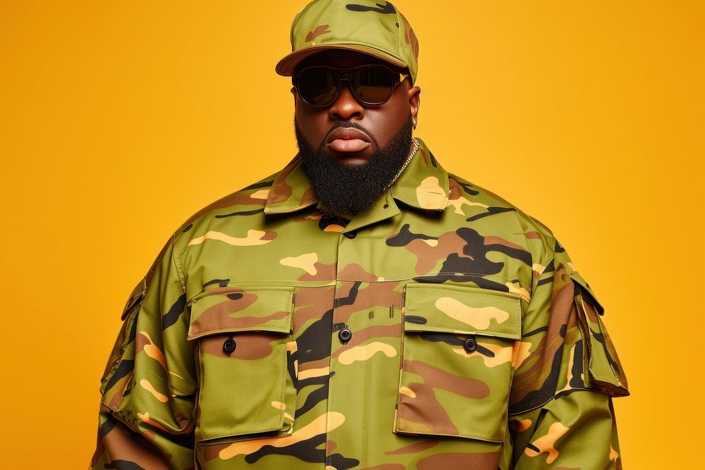 Cool young black man with fashionable clothing style full body on colored background military soldier adult.